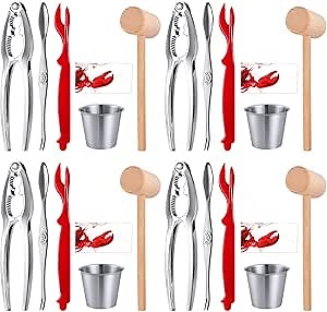 Crab Crackers and Tools with 4 Lobster Crackers, 4 Lobster Forks, 4 Seafood Forks, 4 Butter Cups, 4 Wooden Crab Mallets, 4 Lobster Bibs