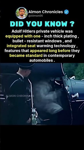 Adolf Hitlers private vehicle was equipped with one-inch thick plating, bullet-r...