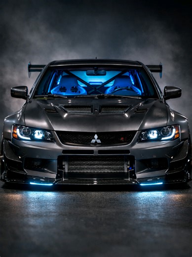 Mitsubishi Lancer Evolution IX – Ice Blue Widebody Edition Satin Graphite Titanium meets uncompromising track DNA. This Mitsubishi Lancer Evolution IX sits extremely low on brushed light blue metallic wheels and wears a fully aggressive widebody kit with exposed carbon details. The front features a massive splitter, functional hood vents and a sharp LED signature. Along the sides, ice blue neon underglow runs cleanly beneath the skirts and continues toward the rear. At the back, a dominant carbo