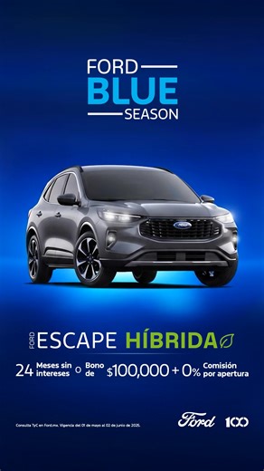Te presentamos Ford Blue Season, ¡La mejor temporada para estrenar! ¿Buscas un vehículo que te de el mejor rendimiento? Entonces Ford Escape Híbrida es para ti. Estrénala hoy con Bono $100,000 más 0% Comisión por Apertura ✅ Rendimiento de hasta 1,200 kms por tanque ✅ Cajuela eléctrica ✅ Techo panorámico VistaRoof® | Ford Automotriz Monterrey | Facebook