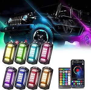 GSRECY Rock Lights for Trucks, 8 Pods RGB LED Rock Lights with App/Remote Control/Music Mode, High Power Multilcolor Underbody Rock Neon Light Kits for Pickup Off Road RZR ATV UTV Golf Cart Car