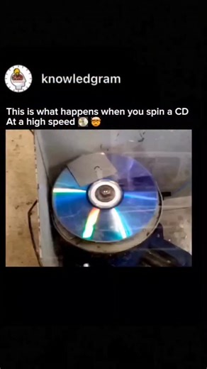 knowledgram on Instagram: "Ever wondered what happens when a CD spins too fast? 💿⚡ At extreme RPMs, the centrifugal force becomes so strong that it literally shatters the disc — turning data into dust. All credits reserved to the original creators. DM us for credit or removal request. #knowledgram #sciencefacts #physics #centrifugalforce #experiment #techfacts #viralreel #learnsomethingnew #engineering #satisfyingreel"