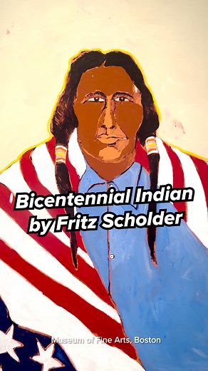 This is Bicentennial Indian, 1976 by Fritz Scholder and it’s in the Museum of Fine Arts, Boston. Scholder was known for blending classic Native American themes and iconography with his very modern and visceral painting style. This piece shows a Native American man wearing an American flag around his shoulders in the same way a Chief’s blanket would have been worn. The thing is, the flag is upside down and an upside down American flag is a symbol of distress. The implication here is clear and spe