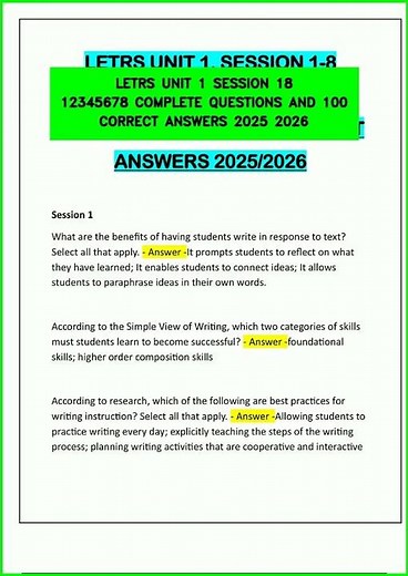 LETRS UNIT 1 SESSION 18 12345678 COMPLETE QUESTIONS AND 100 CORRECT ANSWERS 2025 2026 video