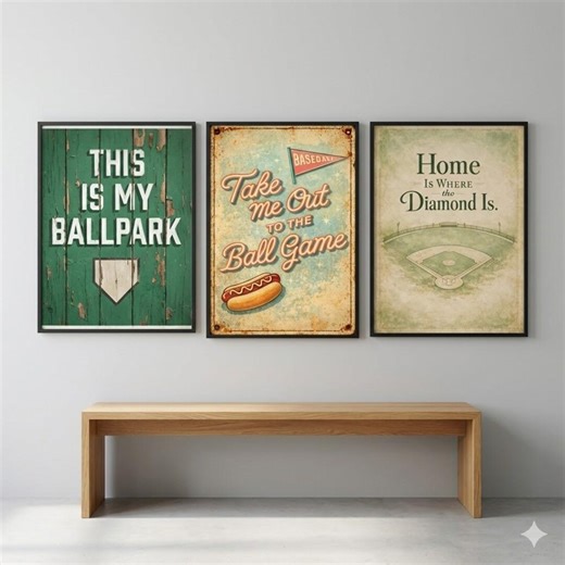 Baseball Wall Art Set | Three Coordinated Posters | Vintage Retro Charm | Home Decor or Fan Gift #004 - Etsy