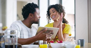 Love, home and couple with tablet in morning doing online shopping, using internet and social media. Digital tech, communication and happy black man and woman smile, talking and at breakfast together