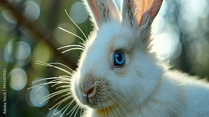 White rabbit with blue eyes in natural setting, close-up view. Nature and wildlife photography concept