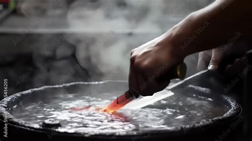 Blacksmith tempering hot metal piece in water bath for hardness process and cooling