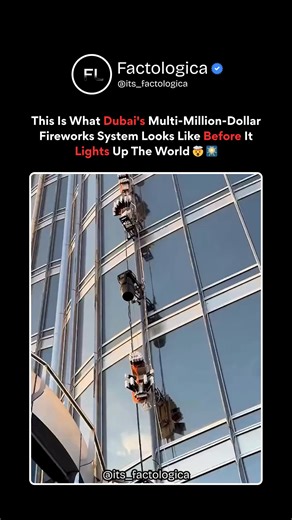 Factologica on Instagram: "Burj Khalifa = Mega Fireworks Machine! 🧠⚙️ Burj Khalifa becomes world's tallest fireworks platform! Hundreds of computer-controlled mortars precision-mounted on exterior, synced to fire within milliseconds. Weeks of wind/load calculations make spectacle look effortless! Millions in pyrotechnics + satellite timing ensure structural safety. Skyscraper transforms into synchronized launch machine for minutes of glory! 🎆 👇 Greatest engineering show? Comment below! Love m