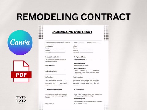 Editable Remodeling Contract Template, Single Page Home Renovation Contract Form, Printable Construction Services Contract, Instant Download - Etsy