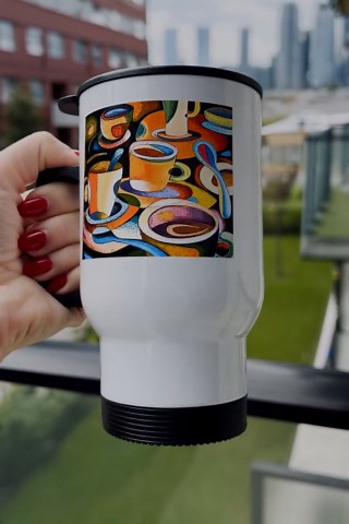 3dRose Cups Poster mugs coffe spoon abstract colorful 14oz Stainless Steel Travel Mug