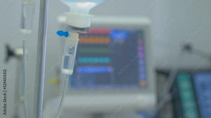 Screen displays patient's condition in ICU, intensive care unit: pulse, blood pressure, temperature, and other parameters