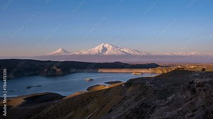 Ararat volcano at dawn, reservoir canyon, timelapse, 4k