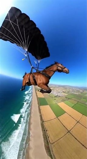 Galloping Horse Parachutes Over Coastal Horizon