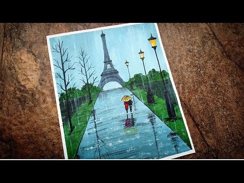 Easy Rainy season Eiffel Tower Painting tutorial for Beginners/ Romantic couple walking in the rain/