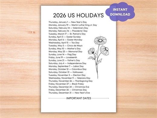2026 US Holidays List Printable PDF, Federal Holidays   Observances, List of American Public Holidays With Dates, National Holiday List - Etsy