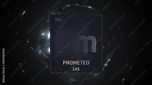Promethium as Element 61 of the Periodic Table. Seamlessly looping 3D animation on silver illuminated atom design background with orbiting electrons. Name, atomic weight, element number in Spanish lan