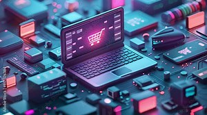 This Virtual shopping: Computer screen shows a cart, epitomizing the ease and convenience of online shopping.