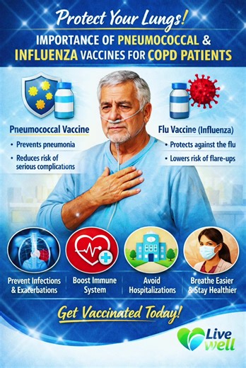 Vaccination is lifesaving in COPD patients :Avoid hospitalization . Importance of Pneumococcal & Influenza Vaccines for COPD Patients -Protects the lungs from serious infections -Pneumococcal vaccine -Prevents pneumonia -Reduces the risk of severe complications in COPD patients -Influenza (Flu) vaccine -Protects against seasonal flu -Lowers the risk of COPD flare-ups (exacerbations) -Helps prevent infections and disease exacerbations -Boosts the immune system -Reduces the need for hospitalizatio