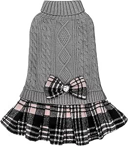 KYEESE Dog Sweater Stretchy Knitwear Pet Sweater Dress Warm Pullover Pet Coats Comfy Dogs Clothes with Bowtie Soft Turtleneck Dog Sweaters for Small Dogs Male, Grey, Large