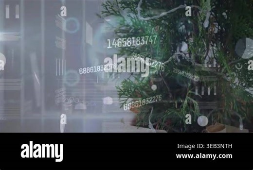 Animation of data processing over christmas tree. Christmas, celebration and digital interface concept digitally generated video.