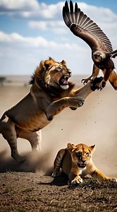 Giant Eagle Attacks Lion Cub but Father Lion Saves Him! 🦅🦁🛡️ Unbelievable nature moment! 😱 Watch as a giant eagle attacks a lion cub, but the King of the Jungle arrives just in time for a deadly counter-attack! Will the eagle survive? Watch this 13-second thriller! 🛡️✨ #LionVsEagle #WildlifeRescue #AnimalWildFights #NatureIsBrutal #LionKing #ViralReels | Animal Wild Fights