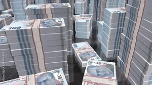 Turkish lira money notes packs loop. 3D flight over TRY banknotes stacks towers. Loopable seamless abstract background concept of business, economy crisis, recession and finance in Turkey.