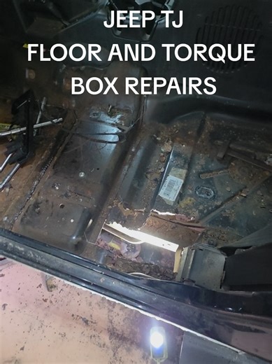 putting in that work! Floors were bad, off the shelf parts weren't enough so im fabbing my own boards to make it fit. inner and outer boxes were gone so to he able to weld in new torque box I needed to replace the rest!! welds will be cleaned up then mopar replacement box welded in. Then I can do all the body mounts. #jeepwrangler #jeeplife #jeepsoftiktok #jeeprestoration #jeep