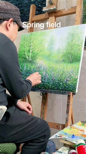 Spring Field Painting: A Vibrant Oil Canvas