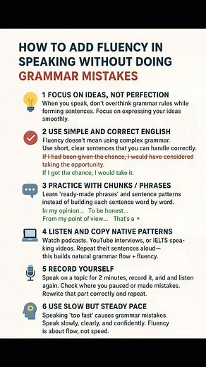 🚀 Want to speak English fluently without grammar mistakes? Master the art of speaking naturally and confidently with these 7 proven tips! 💬 Remember — fluency is not about speed, it’s about clarity and flow. Perfect for IELTS, Spoken English, and daily communication learners. 💪✨ Follow 👉 @yourpage for more IELTS Speaking & English fluency tips! 🎯 IELTS speaking fluency tips, how to speak English fluently, grammar-free English speaking, IELTS band 8 tips, English speaking practice, fluent En
