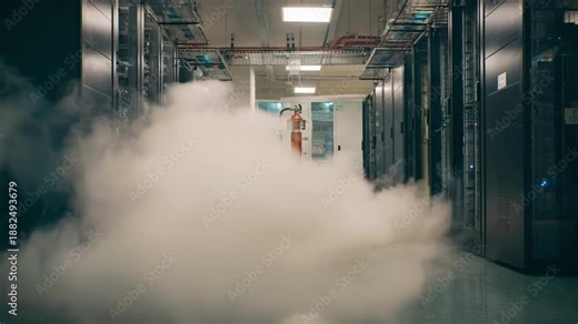 Medium shot of a clean agent gas suppression system discharging inert gas in a server room to protect sensitive electronic equipment without damage.