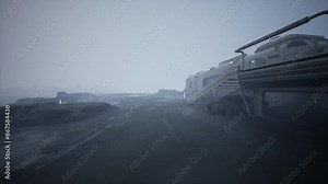 CGI footage of first person horror POV video game, of character escaping from giant robot on deserted dystopian planet, hiding in building, finding blood and being murdered by assassin with sword