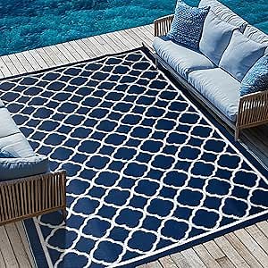 Waterproof Outdoor Rug 6x9 ft, Reversible Plastic Straw Rug, Easy to Clean Patio Rug, Portable Carpet for Patio, RV, Deck, Balcony, Backyard, Picnic, Beach, Clover, Navy Blue