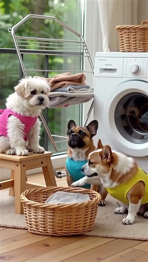 Apron Dog Trio! Laundry From Washing Machine