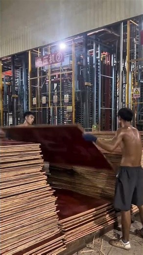 Manual Plywood Stacking and Sorting Process in Factory
