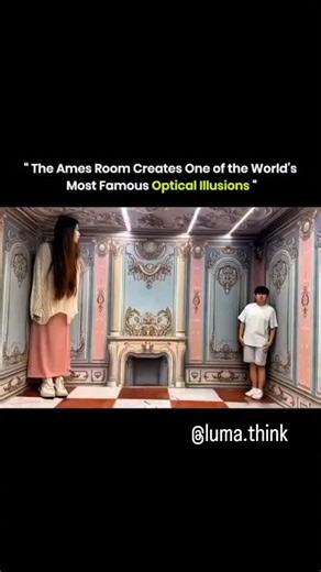 luma.think on Instagram: "How the Ames Room creates one of the world's coolest optical illusions! + Watch closely - the man and woman look normal on one side, but when they walk to the other corner, their heads suddenly touch the ceiling! It feels like they grow or shrink instantly... but it's all a trick of the brain Step 1- The Setup: The room looks like a perfect square, but it's actually a cleverly distorted trapezoid. The walls, floor, and ceiling are all tilted or stretched. → Step 2- The 