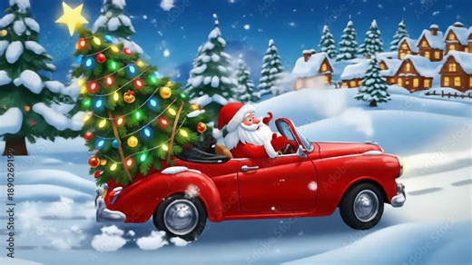 A cheerful depiction of Santa Claus driving a red convertible car towing a fully decorated Christmas tree through a snow-covered village, with houses lit warmly and snowflakes falling.