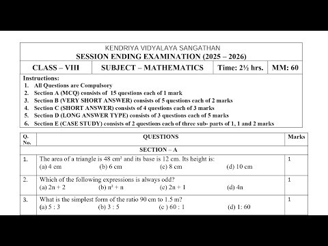 Class-8 Maths (Set-3) Annual Exam 2026 Question Paper Session Ending PM SHRI KV Term2
