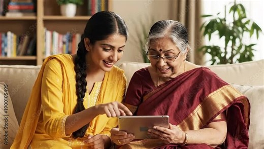Young woman showing a tablet to an elderly woman with surprised expression