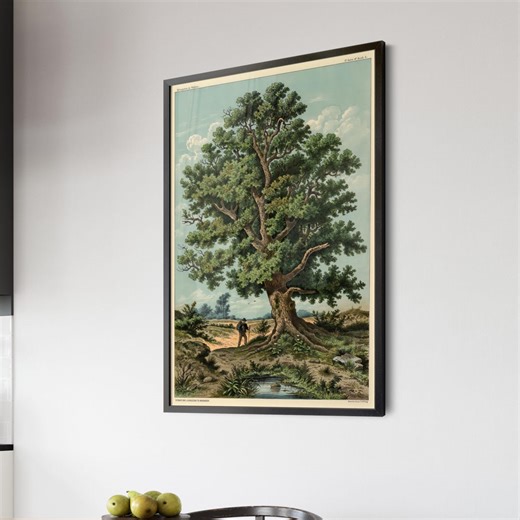 Vintage Oak Tree Linocut Print – Moody Blue Woodland Forest Wall Art, Large Botanical Nature Poster