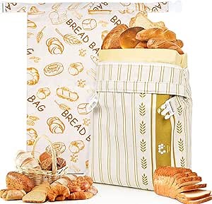 Linen Beeswax Bread Bags for Homemade Bread Sourdough, XL Reusable Double-Lock Freezer Bread Container, Sourdough Bread Bags Ideal Christmas Gift for Homemade, Food Storage, Bakery Essentials 2 Pack
