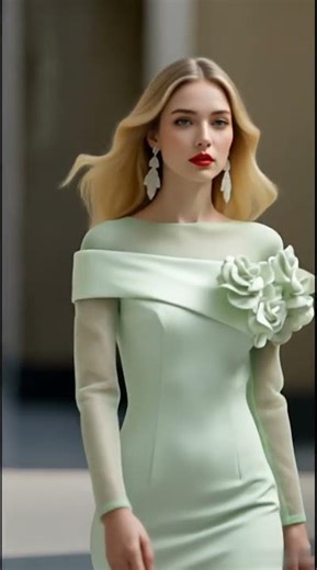 Floral Mint Meets Silver Grey | Off-Shoulder Dress & Asymmetric Elegance Runway一字領連衣裙與斜肩設計的優雅走秀詩篇