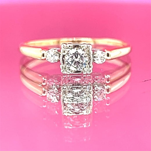 Vintage 14k Two Tone Natural Diamond Ring, Circa 1950s, Illusion Set, Retro Era