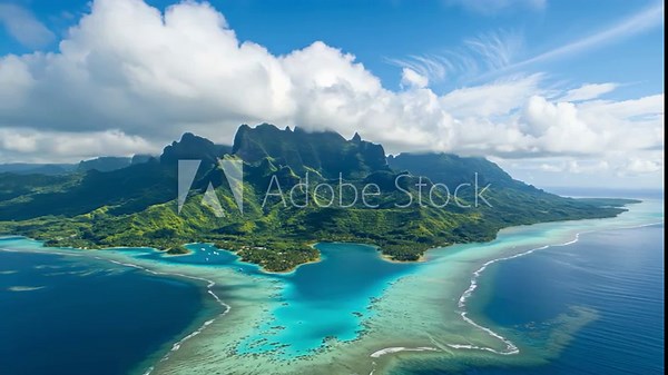 capturing an aerial view of moorea island reveals stunning green tropical mountains rising above a vibrant turquoise lagoon, all under a beautifully textured cloudy sky in french polynesia 4k video