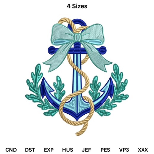 Nautical Anchor Embroidery Design, Anchor with Bow and Rope, Ocean Marine Embroidery File, Beach Theme Stitch Design, Instant Download.