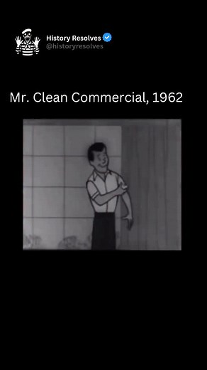 History | Ancient History on Instagram: "The Mr. Clean commercial in 1962 reflected the energetic, optimistic style of early television advertising while introducing audiences to one of the most recognizable household mascots in history. Featuring the muscular, bald, earring-wearing character with his bright smile, the commercial emphasized strength and ease, showing Mr. Clean tackling tough household messes that ordinary cleaners could not handle. With upbeat music, confident narration, and cle