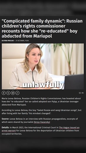 In a recent interview, Maria Lvova-Belova — #Russia’s Commissioner for Children’s Rights — admitted she abducted a child from #Mariupol and took him into her family. When asked, ‘He didn’t want to live in Russia?’, she replied, ‘Yes.’ She added: ‘He said, I love #Ukraine. He kept singing in Ukrainian all the time.’ On March 17, 2023, the International Criminal Court issued arrest warrants for #Putin and Lvova-Belova for the alleged war crime of unlawfully deporting Ukrainian children. Such actio