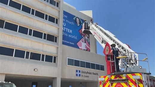 1.4K views | Sioux City Fire Rescue firefighters using an aerial truck to reach the intensive care unit at UnityPoint Health - St. Luke's on Tuesday during an emergency evacuation drill. | Sioux City Journal | Facebook