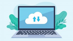 Modern laptop with data transfer cloud. The cloud on the laptop screen has a down and up arrow. Cloud data storage. Animation in flat design style.
