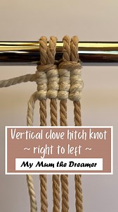 How to tie vertical clove hitch knots…right to left 1. Use a separate piece of cord to create the vertical clove hitch knots. I find it easier to secure one end to the right of my project so it’s anchored, but you can skip this step if you wish. OR (as in this reel) you can continue straight on from a row of vertical clove hitch knots running left to right above. 2. Take the loose end of this extra cord behind the first hanging cord from the right (filler cord). 3. Then bring the loose end of th